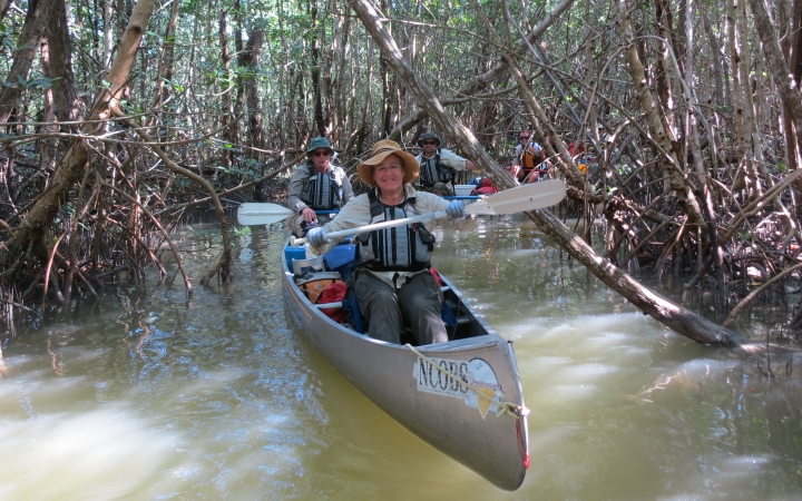 people paddle canoes through trees on an outward bound veterans course